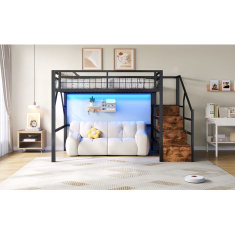 Lit mezzanine 140x200 cm, structure métallique, LED, escalier avec rangement, espace libre dessous, noir, chambre ado, matelas non inclus (1/5)