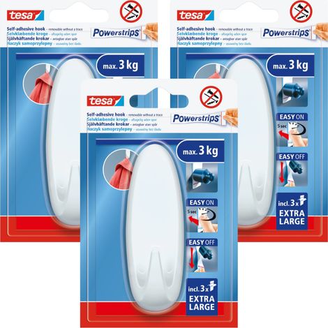 Ganci appendiabiti autoadesivi TESA, grandi, ovali, bianchi, riutilizzabili fino a 3 kg (3 pezzi)