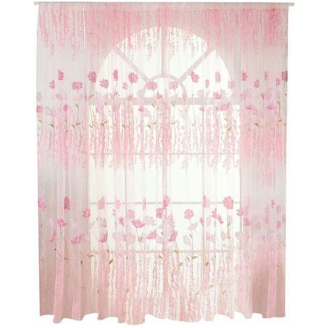 Rideau en Voile/Tulle à Motif Floral en Polyester - Décoration pour Chambre ou Salon (Rose)