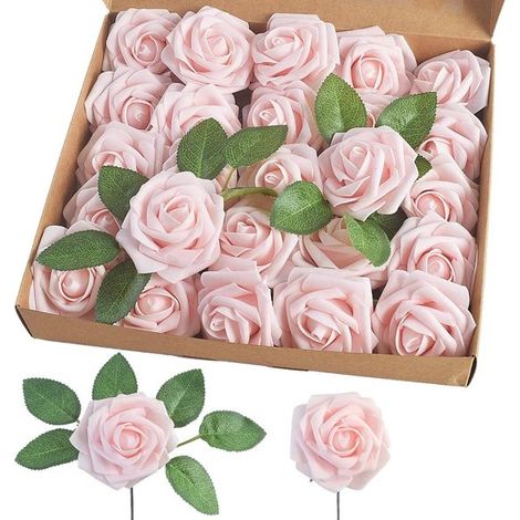 Set mit 25 künstlichen Schaumstoffrosen mit Stielen für Heimdekoration, Brautsträuße, Partys und Dekorationsartikel - Champagnerrose