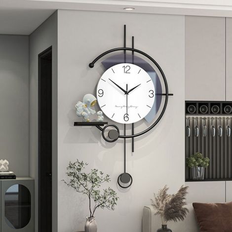 Moderne, schlichte Wanduhr, elektrisch, geräuschlos, aus Metall, dekorativ, schwarz-weiß - Zifferblatt 36 cm, Pendel und Ersatzarm für Wohnzimmer, Büro und Schlafzimmer.