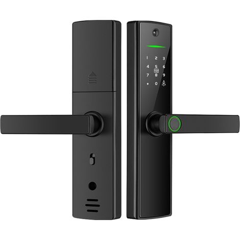 Serrure de porte intelligente Tuya WiFi avec judas, empreinte digitale, mot de passe et clé pour portes en bois intérieures (1/5)