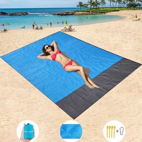 Tappetino da spiaggia, extra large 200 cm x 210 cm, impermeabile, antisabbia, coperta da picnic, in nylon lavabile in lavatrice con (1/4)