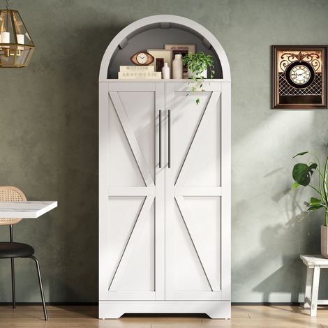 Buffet haut 70x40x165 cm-partie haute ouverte cintrée-3 étagères-5 rangements de porte Meuble de cuisine-antibasculement-MDF Blanc (1/5)