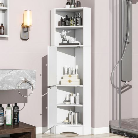 Meuble de salle de bain d’angle moderne en panneaux de particules blanc, 36,5 x 36,5 x 155 cm, avec portes et niches (1/5)