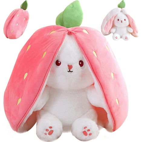 Lapin de Pâques Peluche Réversible, Coussin Carotte Fraise avec Fermeture Éclair, Oreiller Décoratif Canapé Lapin Mignon, Jouet Doux Enfant Garçon Fille