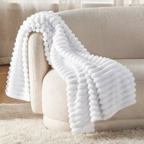 Plaid - - Couverture en velours côtelé épais - Blanc pur - 130x170cm (1/5)