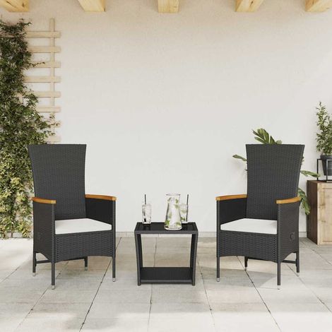 Ensemble repas de jardin 3 pièces, résine tressée noire, 2 fauteuils inclinables et coussins - PANGIVO (1/5)