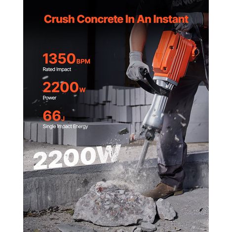 Marteau de Démolition 2200 W Marteau-Piqueur 66 J 1350 BPM Marteau Perforateur avec 2 Burins Remplaçables Poignée Rotative 360° Anti-Vibration Brise-Béton pour Burinage Construction Plomberie (1/5)