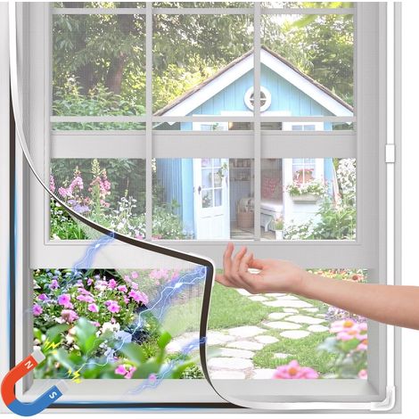 Magnetisches Fenster-Moskitonetz, 100 x 150 cm, individuell anpassbare Größe, robustes Fiberglas, bohrfreie Montage, Schutz vor Mücken und Insekten, weißer Rahmen und weißes Netzgewebe