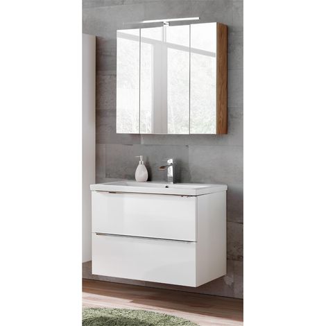 Badezimmermöbel Set mit 80cm Keramik-Waschtisch und LED-Spiegelschrank TOSKANA-56 Hochglanz weiß, BxHxT ca. 80/190/46cm (1/5)