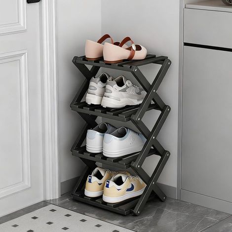 Petit meuble à chaussures, étagère à chaussures pliable à 4 niveaux, aucune installation requise, convient aux entrées, chambres, armoires, noir (1/5)