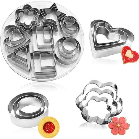 Ensemble de 24 emporte-pièces en acier inoxydable : mini-emporte-pièces en forme de cœur, d'étoile, de cercle, de fleur, pour la décoration de biscuits, de fondant et de gâteaux. (1/5)