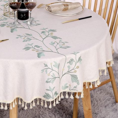 1 Nappe Ronde,Coton Lin,Beige,Broderie Feuilles Vertes,Fringes,Diamètre 120 cm,Salle à Manger