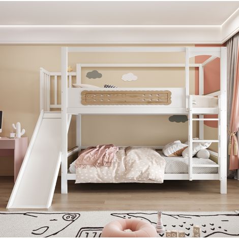 Cama doble infantil con tobogán y escalera blanca OKMYHOME (1/5)