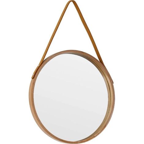 Miroir rond naturel à suspendre, 30 cm, style ferme, avec corde en cuir, pour salle de bain, chambre, salon, entrée, décoration intérieure (1/5)