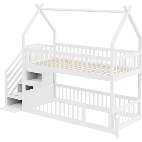 Etagenbett Kinder 90 x 200 cm mit Dach, Sicherheitstreppe und Schubladen, Weiß (1/5)