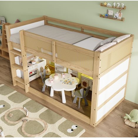 Lit mezzanine enfant 90x200 cm avec LED, étagères latérales et garde-corps, bois naturel et blanc (1/5)