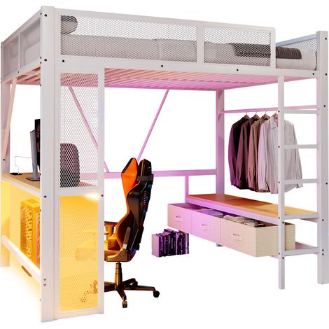 Letto a soppalco CHICFURN 140x200 cm in metallo bianco con LED, USB, scrivania e armadio (1/5)
