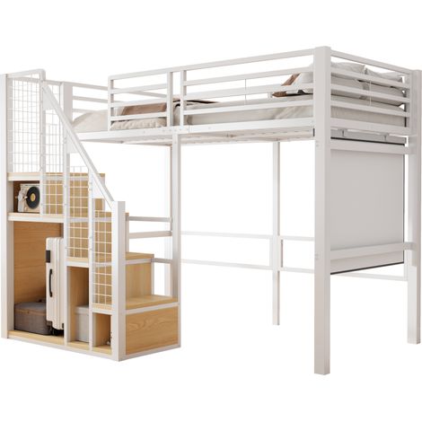 Lit mezzanine 90x200 avec échelle sécurisée, rangement intégré et espace bureau dessous, structure métal blanche, gain de place pour chambre enfant et ado CHICFURN (1/5)