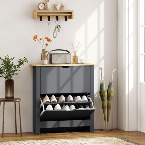 Meuble à chaussures 72x26x80 cm en bois gris foncé, gain de place pour entrée FloraGrace (1/5)