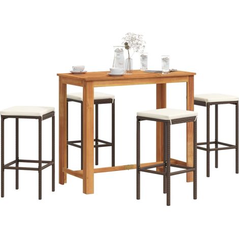Mesa y taburetes de jardín 5 pzas madera acacia ratán PE marrón