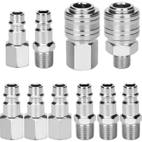 Raccord de Compresseur 1/4"BSP Raccord Rapide Air Comprimé Raccords pour Tuyau Compresseur Embout Pneumatique Homme Femme 10 Pièces (1/4)