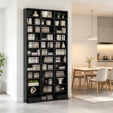 Meuble de rangement CD/DVD noir en MDF, tour média avec étagères réglables sur 3 niveaux, capacité jusqu’à 1116 CD ou 528 DVD, fixation murale, pour salon ou bureau – CHICFURN (1/5)