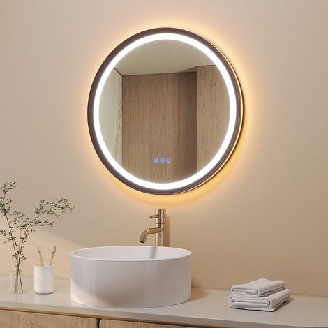Badezimmerspiegel mit Beleuchtung Rund LED Badspiegel ∅60 cm Antibeschlag Dimmbar mit Aluminiumrahmen Wandspiegel 6400K & 3000K Lichtspiegel Rahmen in Mattschwarz