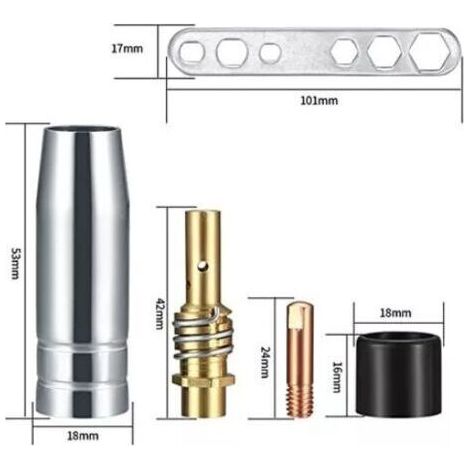 25 embouts de contact pour torche de soudage, compatibles avec les torches de soudage AK-15/MB-15, 5 buses à gaz, 15 buses M6 de 0,8 mm, 2 porte-buses, 2 isolateurs.