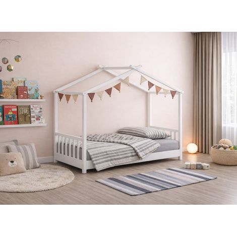 Lit cabane avec barreaux en bois blanc 90 x 190 cm NIDOU