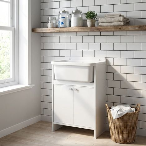 Lavatoio salvaspazio bianco 55x34x80H cm con vasca e scarico (1/5)
