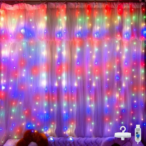 Rideau lumineux LED - 2 x 2 m - 200 LED - Rideau lumineux intérieur USB - Guirlande lumineuse intérieure pour fenêtre avec 10 crochets - Pour décoration intérieure et extérieure - Pour Noël (1/5)