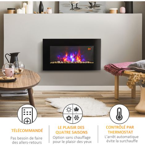 Cheminée Électrique Murale - 2000W, Effet Flamme LED 7 Couleurs, Thermostat, Télécommande, Noir, 72.5x40x11.5cm (1/5)