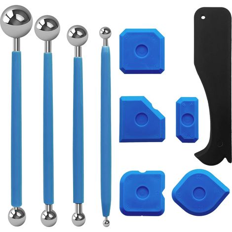 10 Pièces Kit de Grattoir à Joints, 4 Boule en Métal Outil D'étanchéIté 6 Lisseurs de Joint En Silicone, Pour Salle de Bain, Carrelage de Cuisine (Bleu) (1/5)
