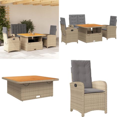 4-tlg. Garten-Essgruppe mit Kissen Beige Poly Rattan - Gartentisch - Relaxsessel (1/5)