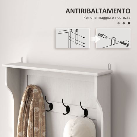 Porte-manteau 3 en 1 en bois blanc avec banc coffre et 4 crochets, 71.5 x 39.5 x 170 cm (1/5)