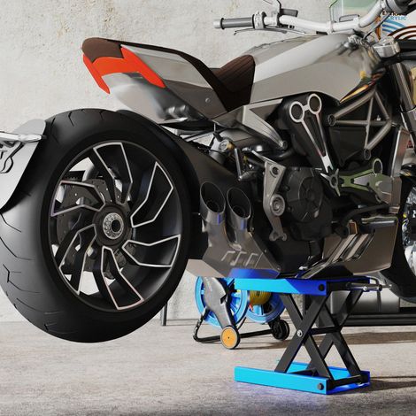 Support de moto pliable et antidérapant en acier et caoutchouc, 48 x 22,5 x 10-37 cm, bleu et noir (1/5)