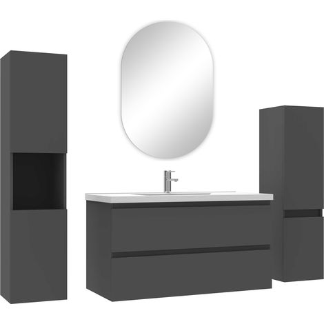 Acezanble ensemble meubles Salle de Bain 100cm vasque + colonne + miroir ovale mural Anthracite (1/4)
