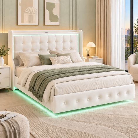 Lit 160x200 avec Sommier, Lit Flottant avec LED et Ports USB, Tête de Lit Capitonnée en Velours Beige, Cadre de Lit Adulte Moderne, sans Matelas