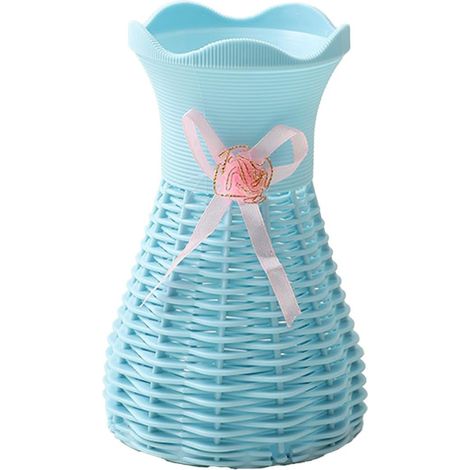 Vase en plastique bleu, 8,5 x 16 cm – vase tressé en forme de panier – parfait pour les fleurs séchées et la décoration moderne.
