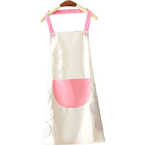 Tablier de cuisine imperméable et anti-transpirant, motif dessin animé mignon, couleurs vives, gris avec poches roses, idéal pour la cuisine familiale ou de restaurant. (1/5)