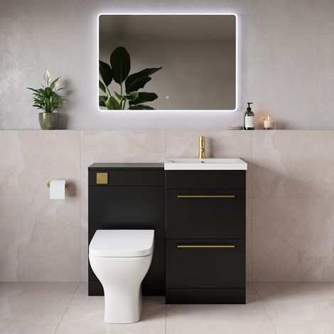Napoli 390 Matt Black 1000mm 2 Drawer Vanity Unit Toilet Suite with Glide Basin - 1000mm - Brushed Brass 320mm HandleWith Kingston Toilet Pan and Seat