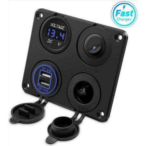 Prise allume-cigare, double port USB 4.2A, prise DC 12V, interrupteur et affichage LED Voltmètre Prise courant chargeur voiture étanche pour voiture 12V/24V, bateaux et marine, moto,camion,SUV, UTV (1/5)