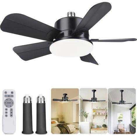 Ventilatore a presa con telecomando, 3 colori 3000K-6500K, lampadina LED dimmerabile per attacco E26/E27, piccolo ventilatore da soffitto con prolunga per presa, piccolo ventilatore da soffitto avvita