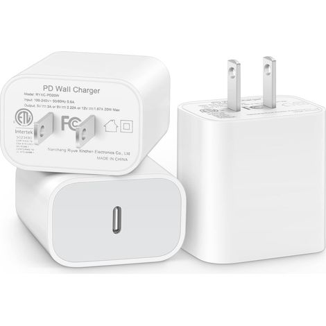USB C Charger Block - 20 W - Compatible With iPhone 14 13 12 11 SE XR 8 iPad Pro Mini Galaxy Pixel - 3 Pack (1/5)