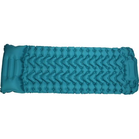 Tapis de camping gonflable bleu, design ergonomique, gonflage au pied, imperméable, comprend un oreiller, convient à une utilisation en extérieur, inodore. (1/5)