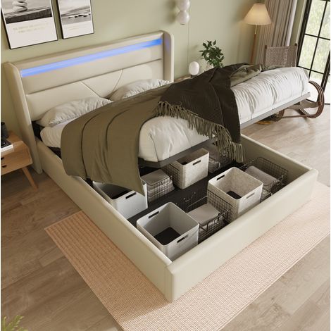 Cama canapé 140/200 cm blanca de PU con LED y almacenaje (1/5)