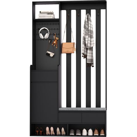 Meuble D'entrée 6-en-1 100x35x180 Cm En Mdf Noir, Banquette Rembourrée Et Panneau Modulable (1/5)