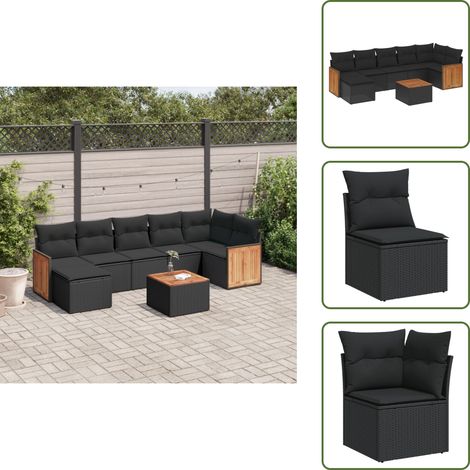The Living Store Salon de jardin 8 pcs avec coussins noir résine tressée - Ensemble Salon De Jardin - Meuble Extérieur - Mobilier De Jardin - Chaise Lounge - Set Salon